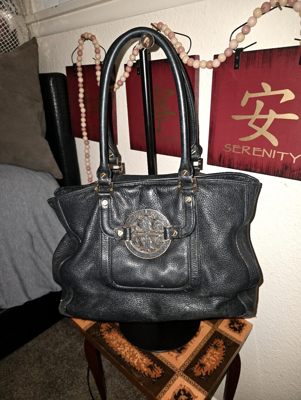 Tory Burch Black Pebbled Leather Logo Tote w/ Gold Hardware - Preloved Condition